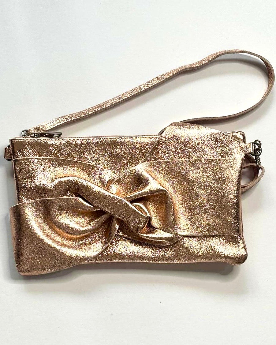Rose Gold Shimmer Leather Crossbody Bag with Bow Detail