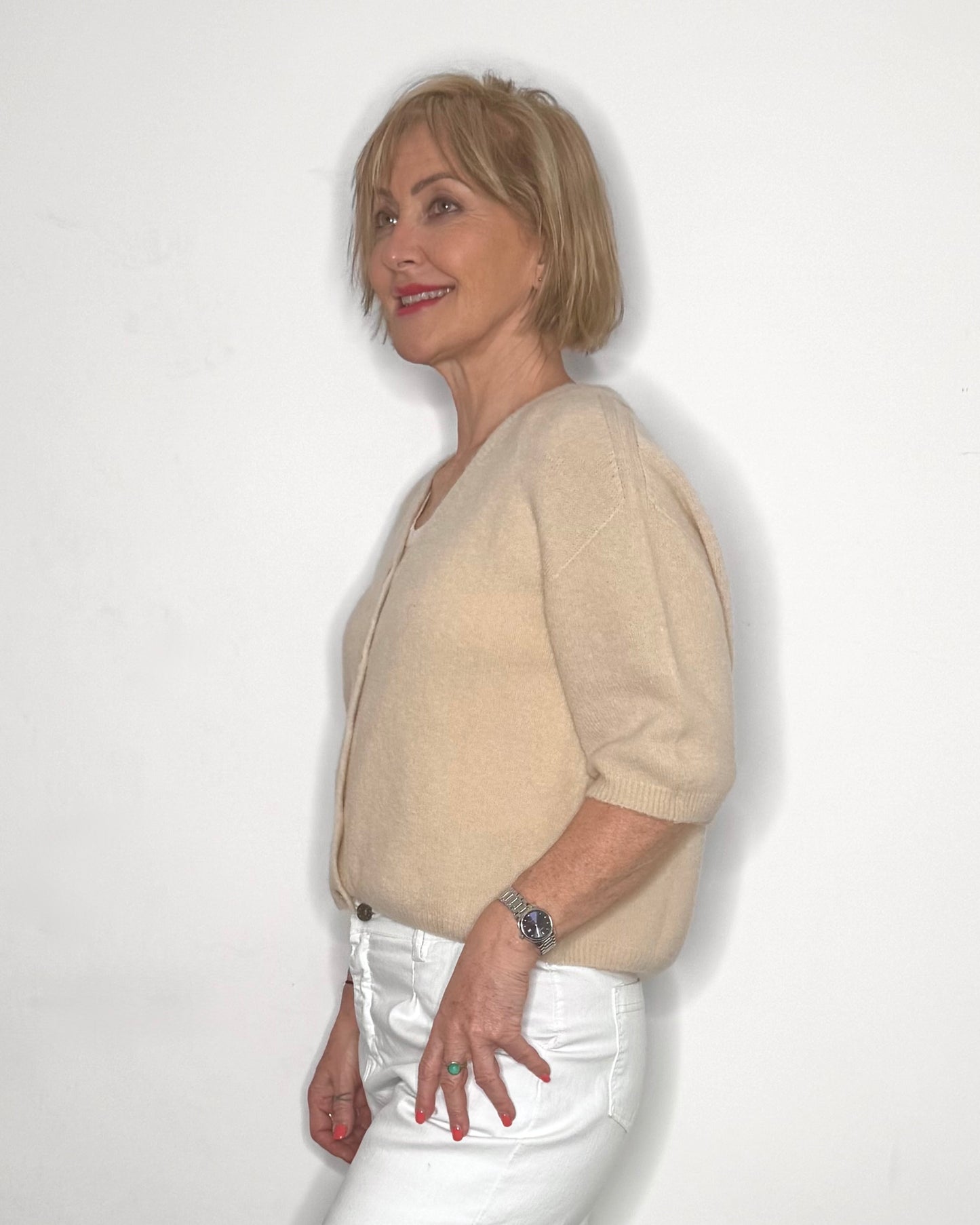 The Coco Short Sleeve V-Neck Cardigan in Taupe