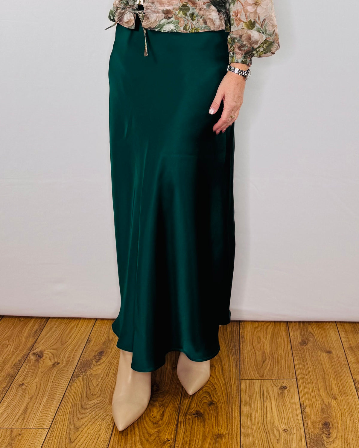 The Ella Satin Skirt in Forest Green