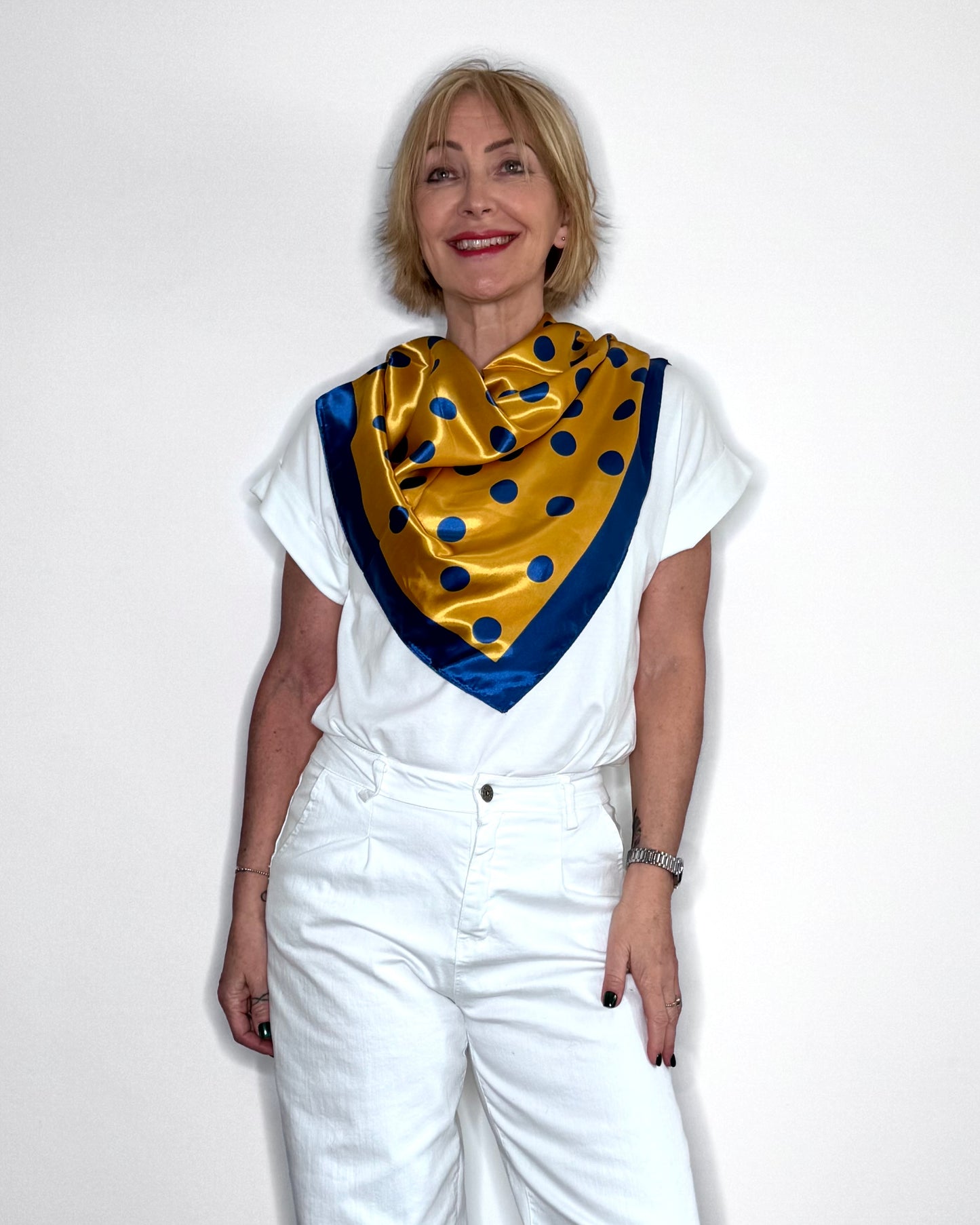 Spotted Satin Square Scarf in Mustard & Blue
