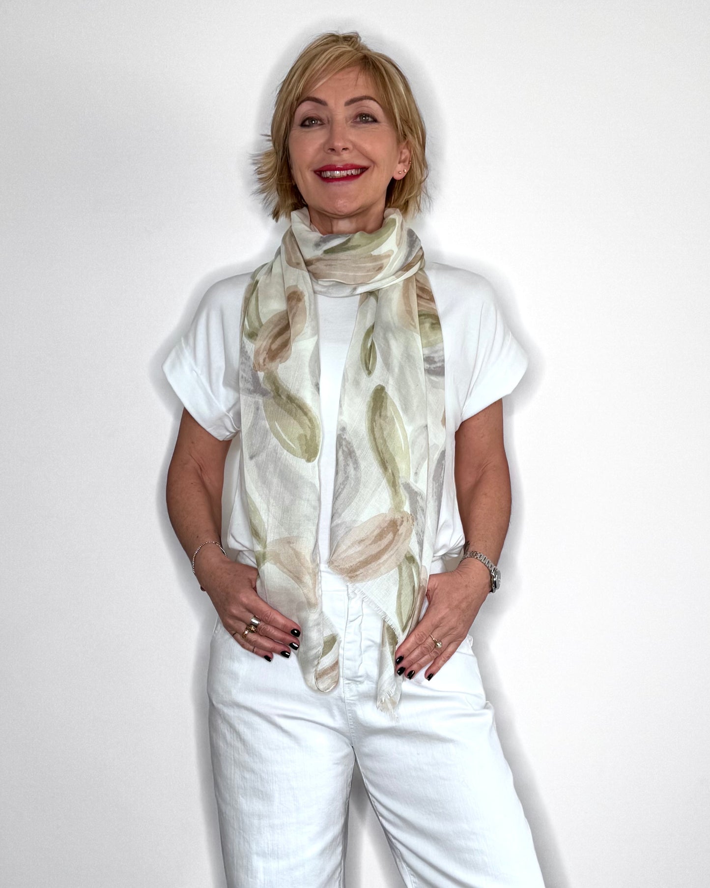 Pale Green & Taupe Abstract Leaf Scarf