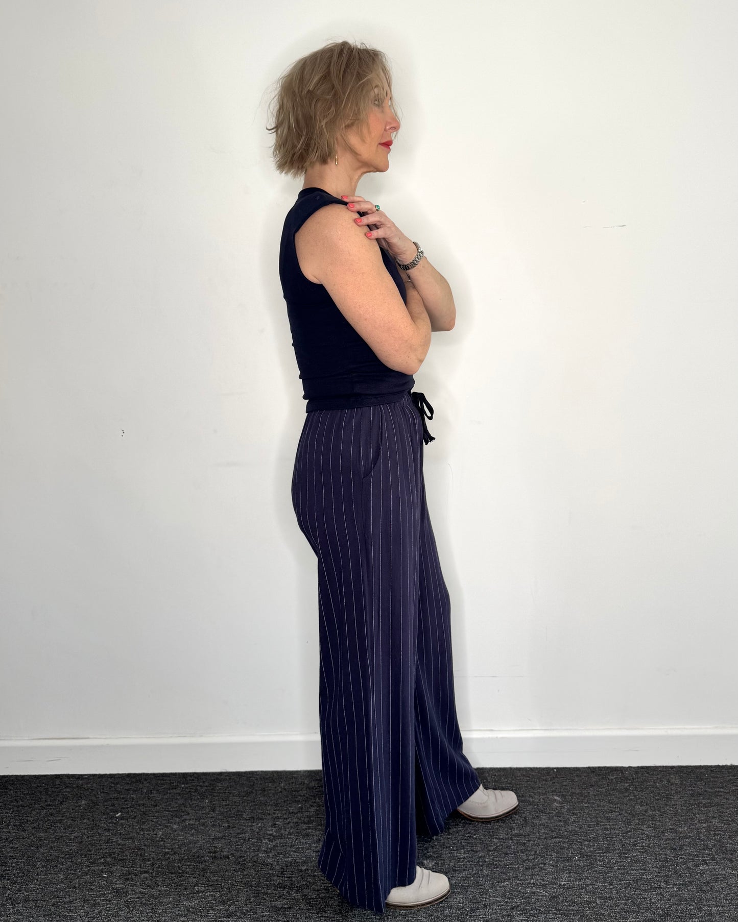 The Lola Pinstripe Linen Trousers in Navy