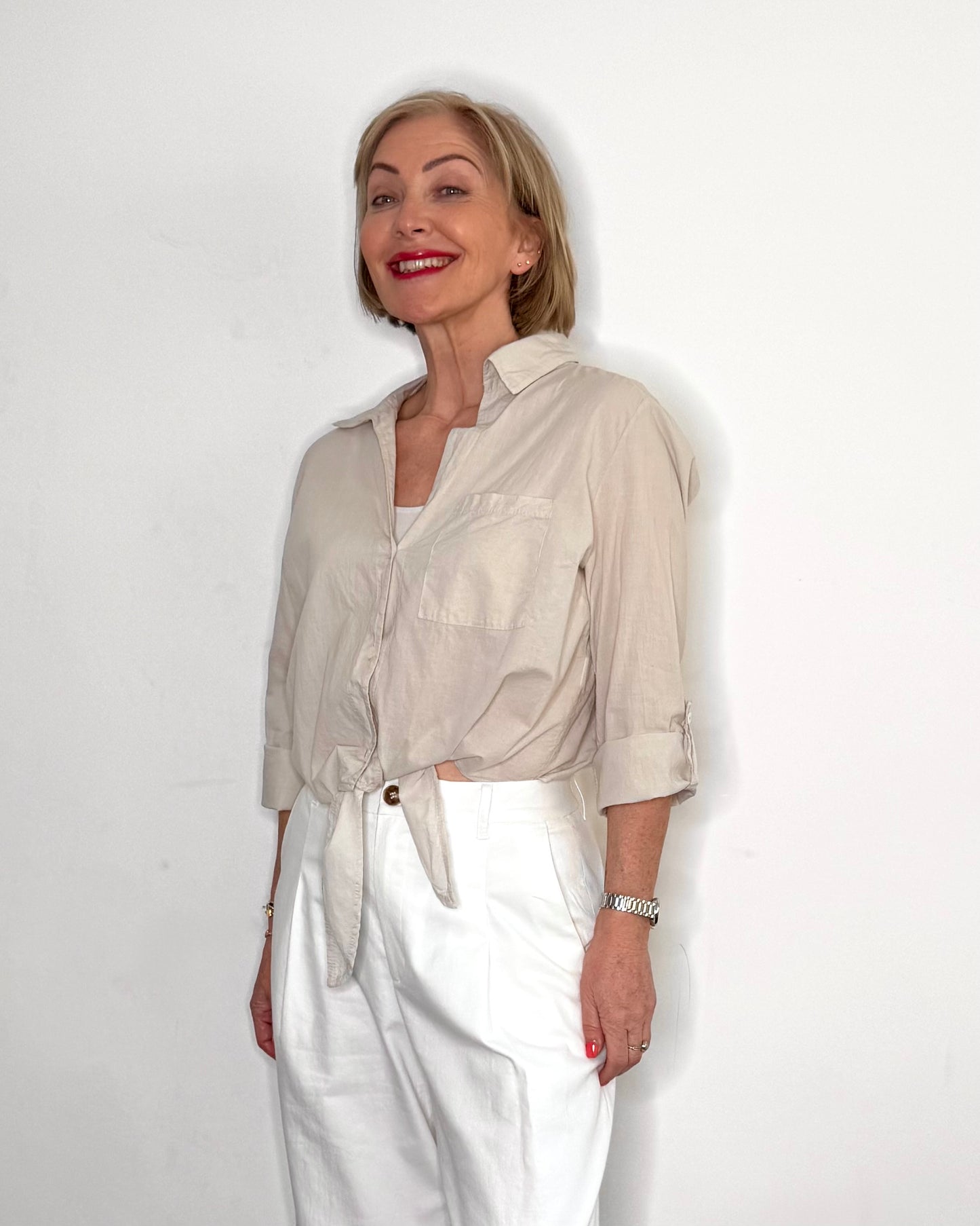 The Susie Tie-Front Shirt in Beige