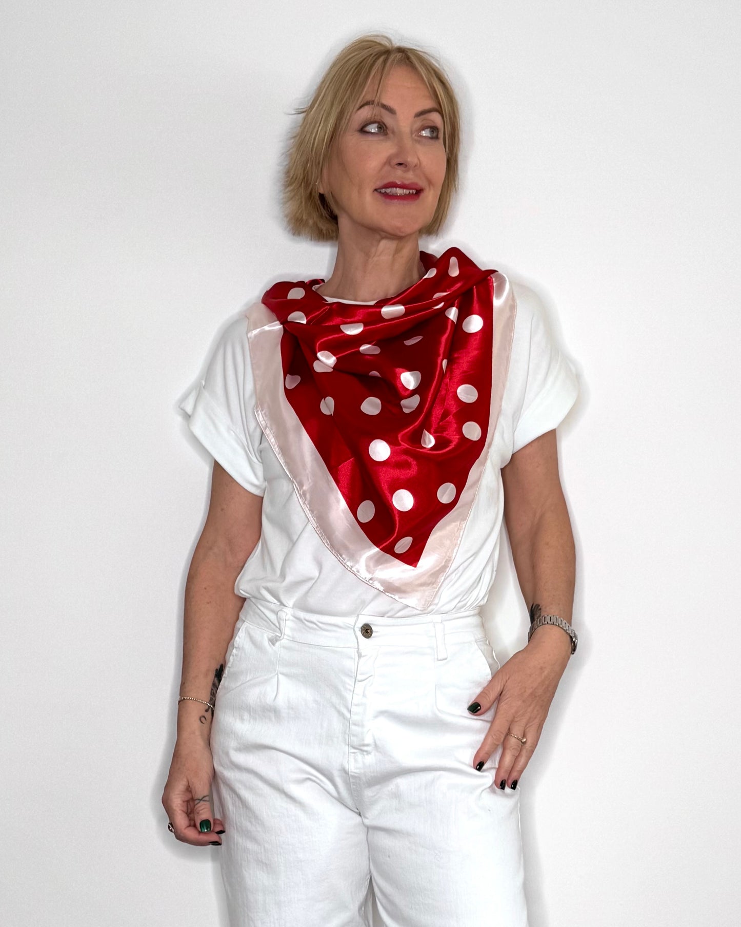 Spotted Satin Square Scarf in Red