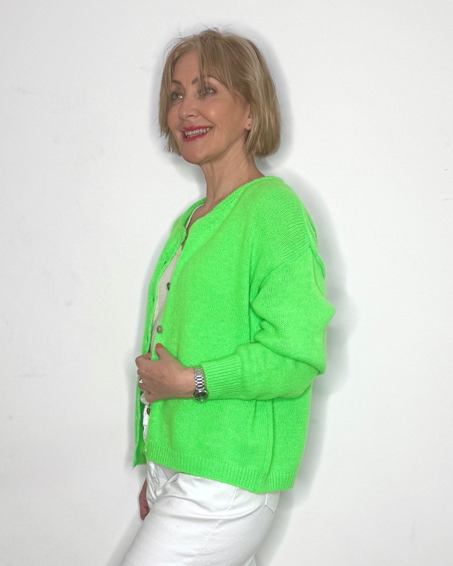 The Eliette Crew-Neck Cardigan in Neon Green