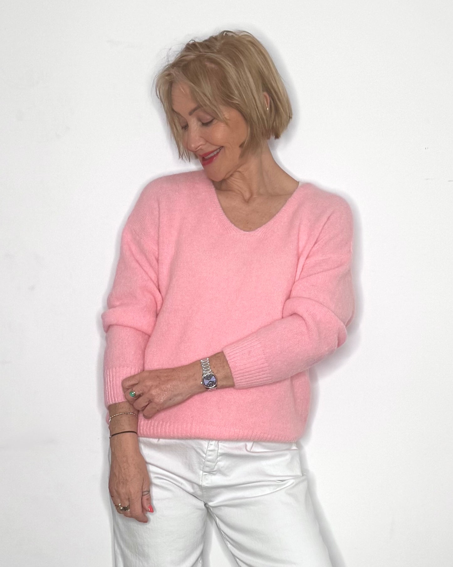 The Bella V-Neck Knit in Ballet Pink