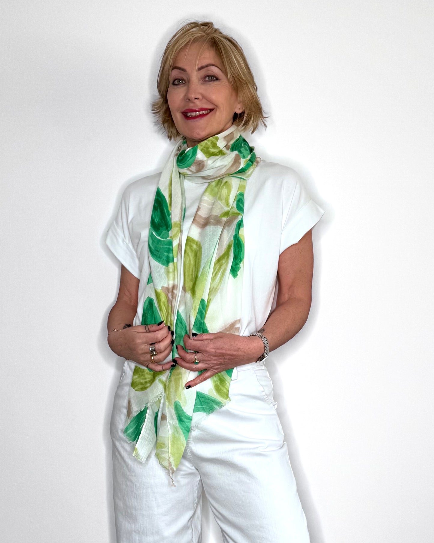 Bright Green & Taupe Abstract Leaf Scarf