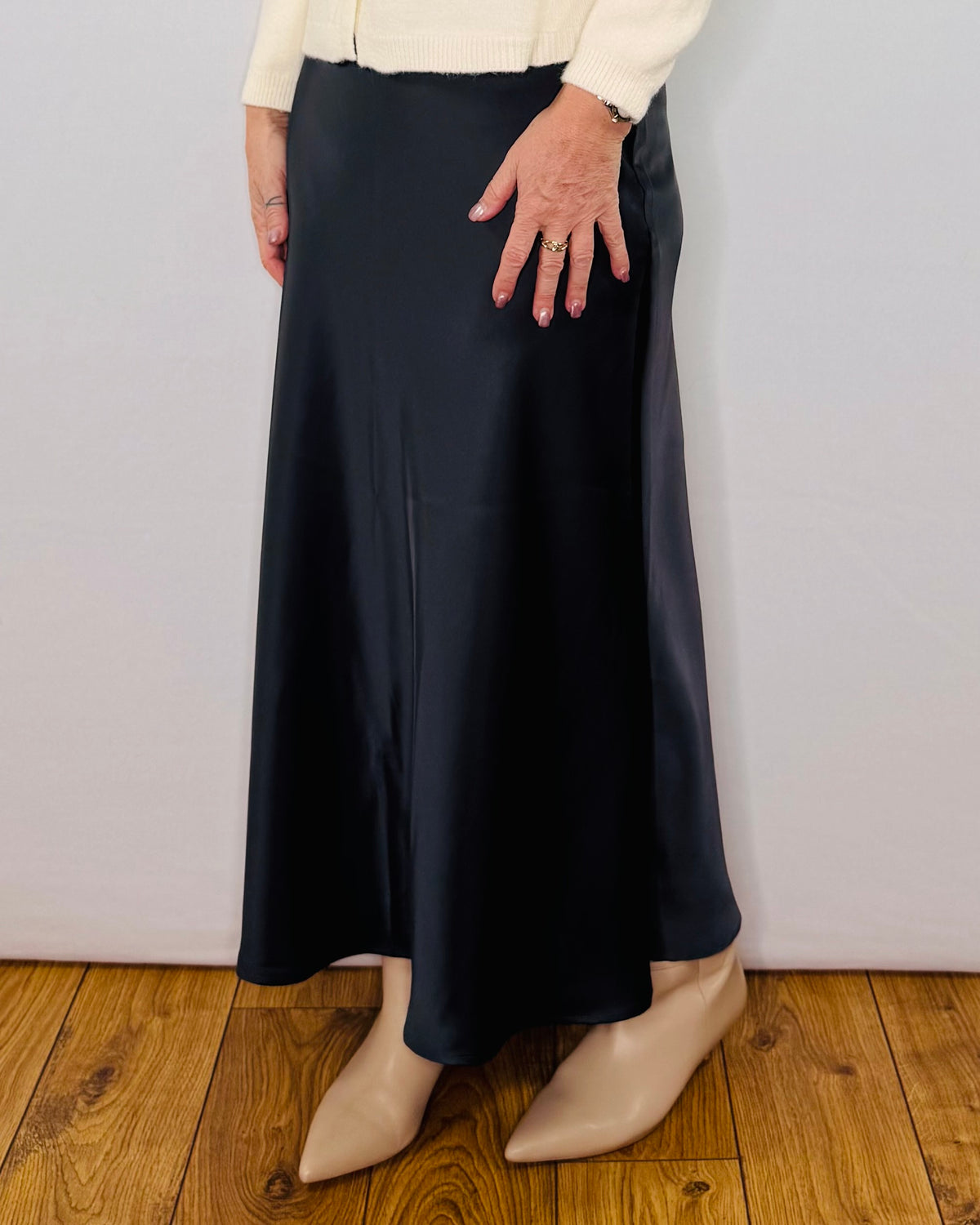 The Ella Satin Skirt in Dark Gunmetal