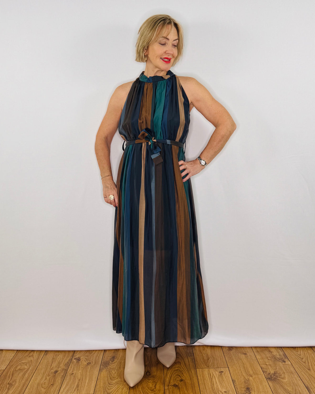 The Taylor Sleeveless Striped Dress in Teal