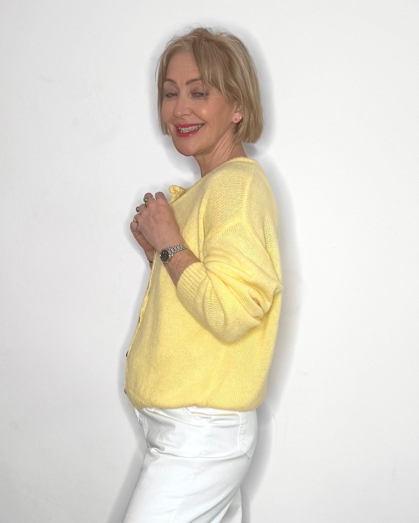 The Eliette Crew-Neck Cardigan in Lemon Yellow
