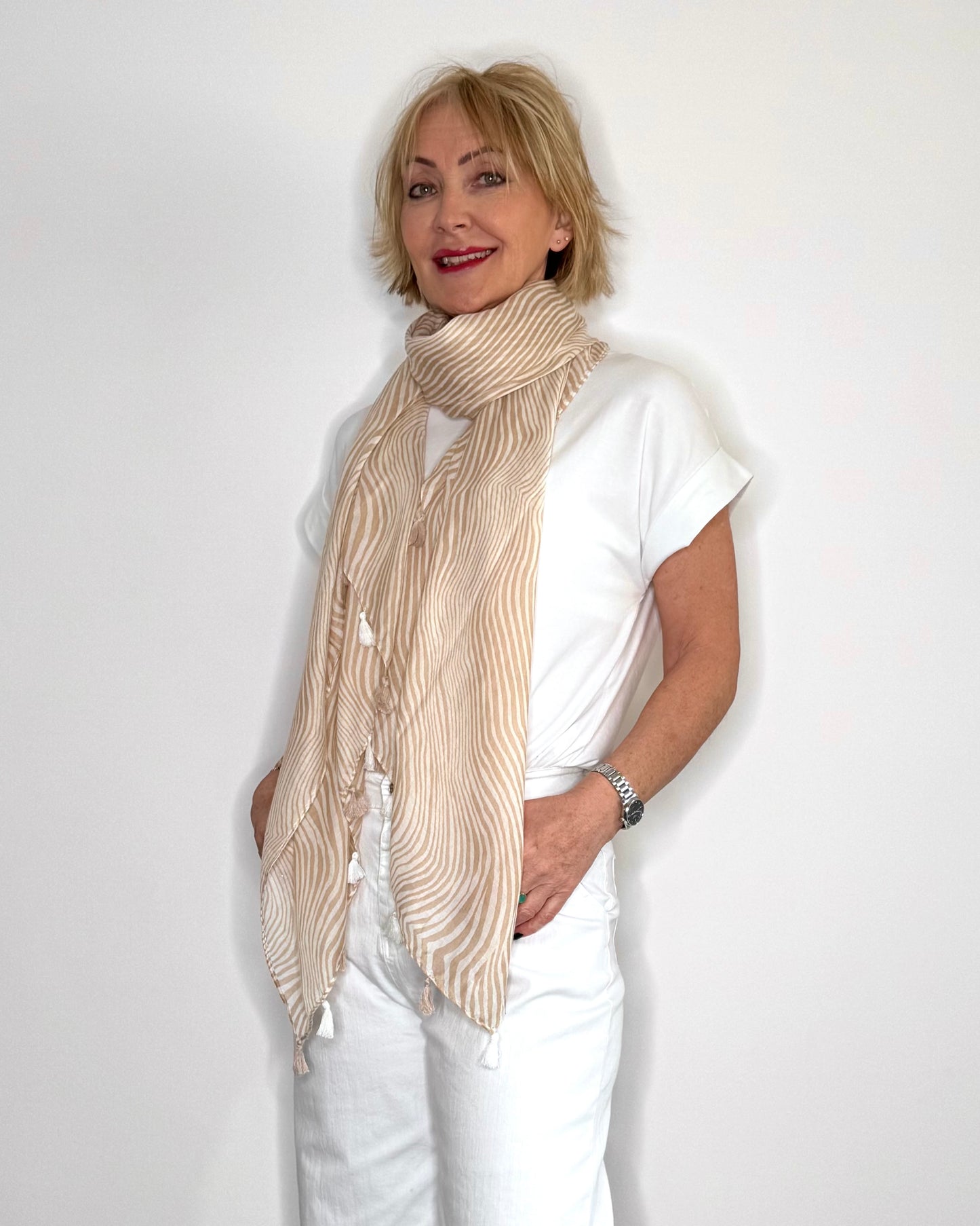 Sand Zebra Print Tassel Scarf