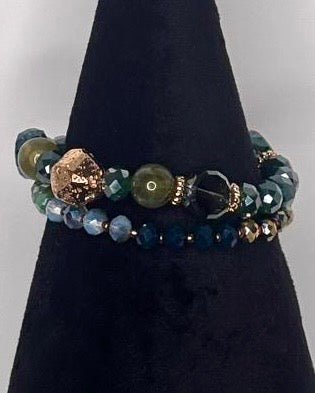 Twin Strand Crystal Stretch Bracelet in Teal Multi