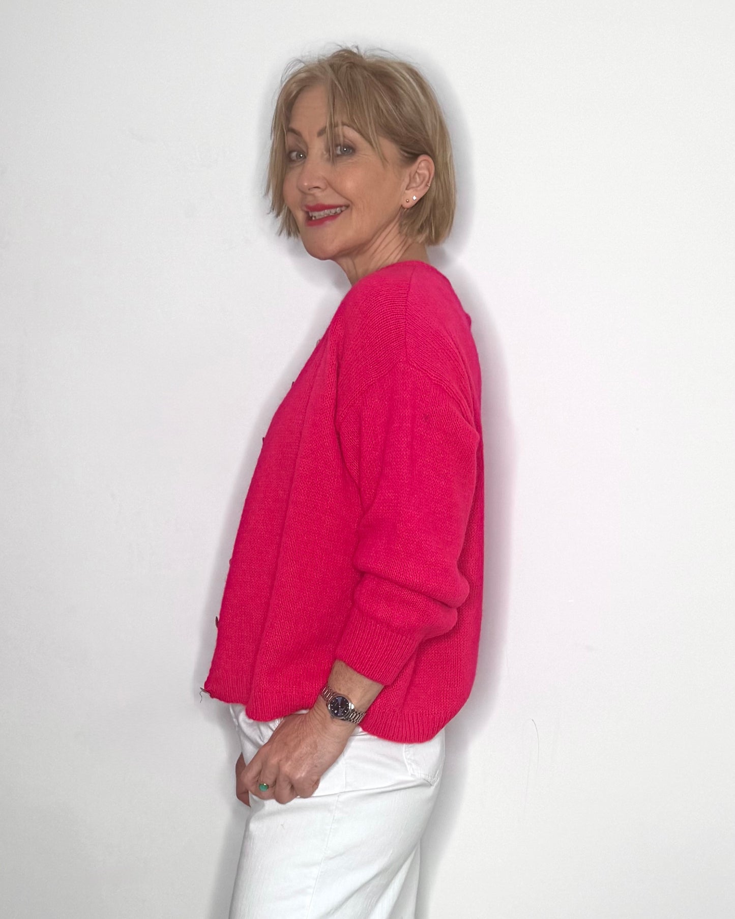 The Eliette Crew-Neck Cardigan in Neon Pink