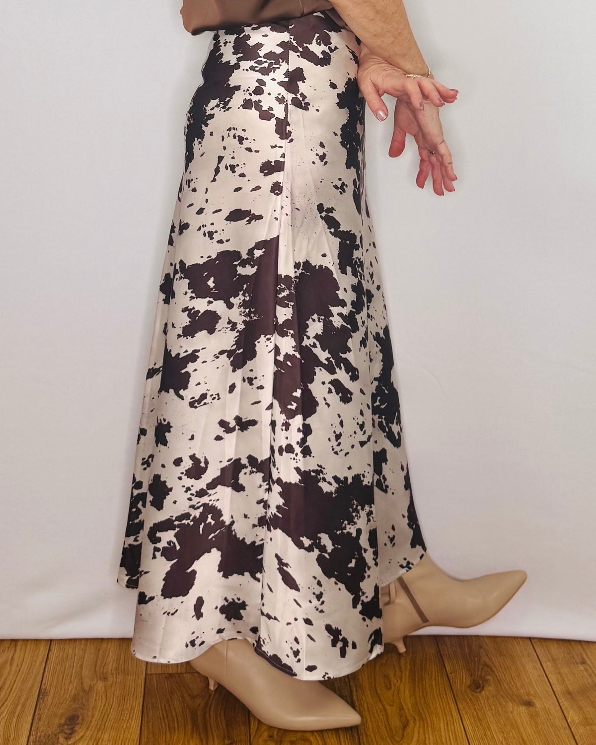 The Ella Satin Skirt in Cow Print