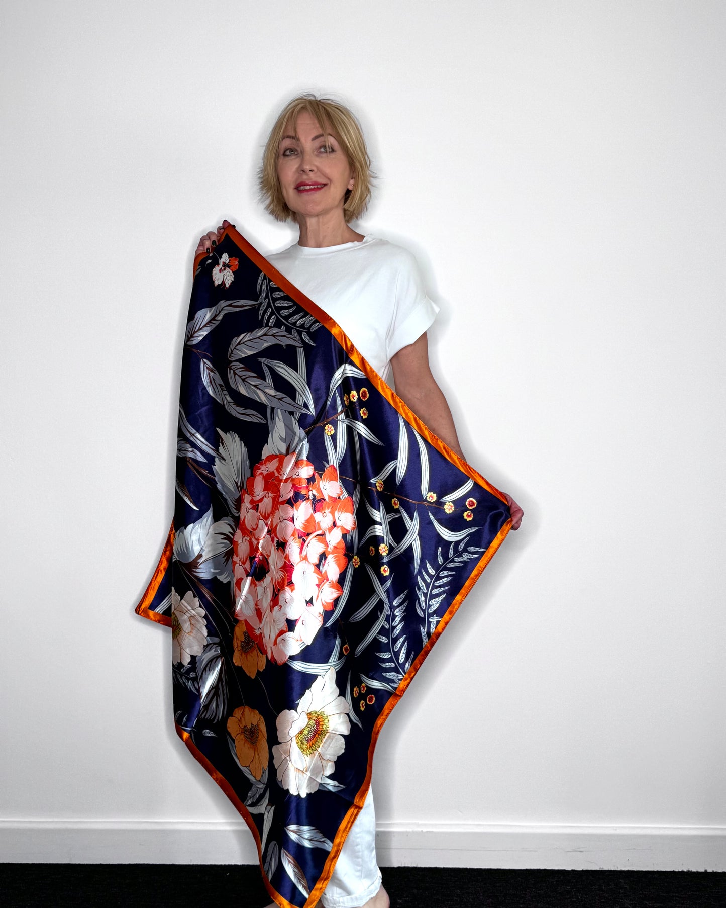 Botanical Satin Square Scarf – Navy Floral