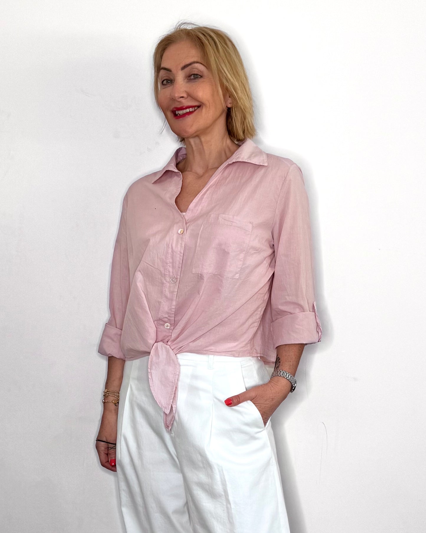 The Susie Tie-Front Shirt in Pale Pink