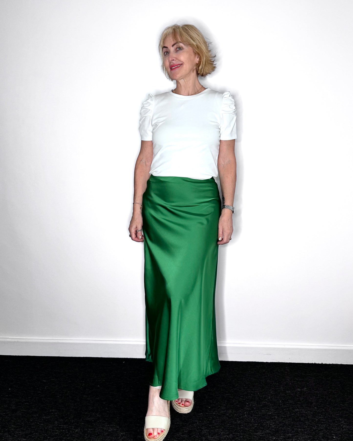 The Ella Satin Skirt in Emerald Green