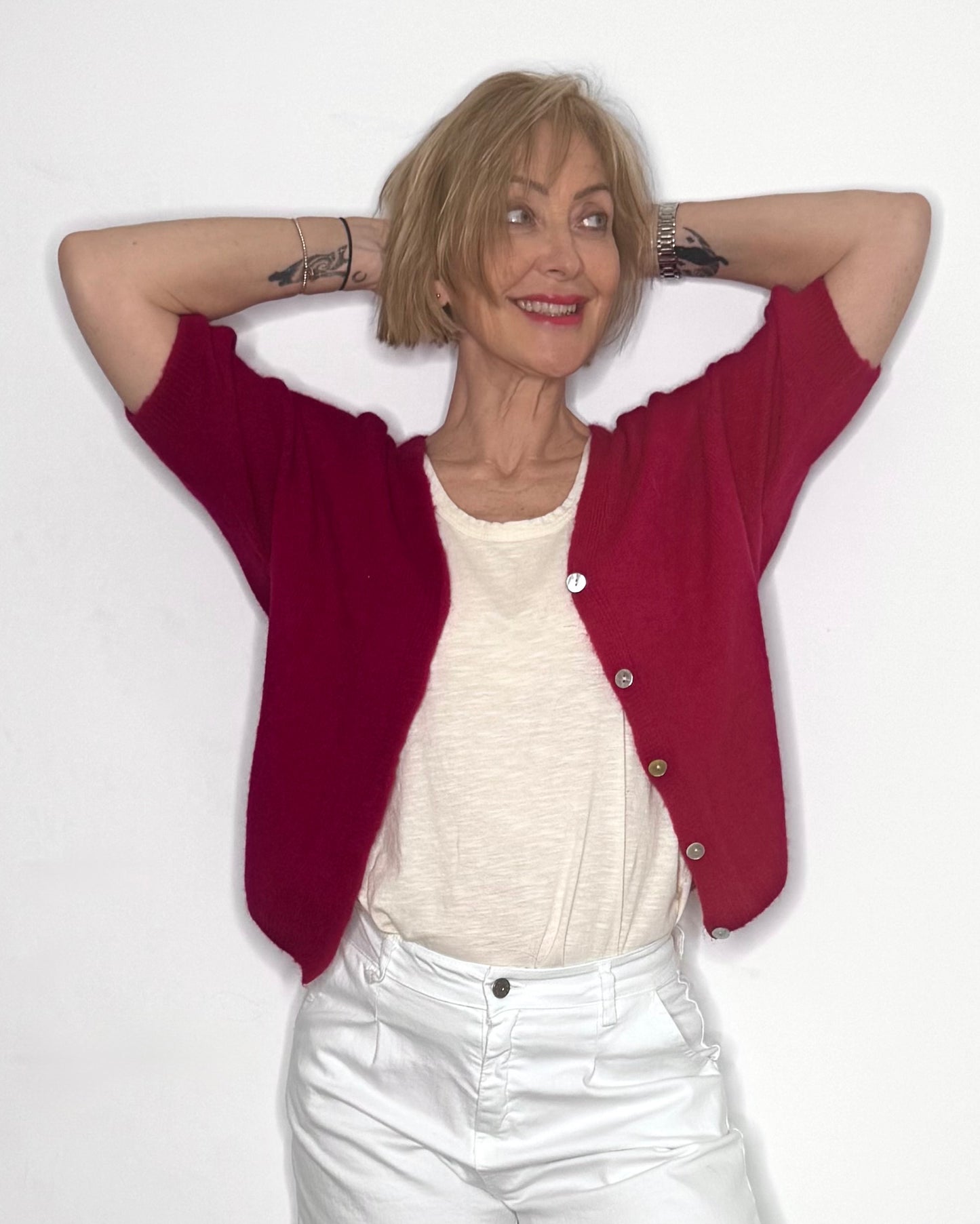 The Coco Short Sleeve V-Neck Cardigan in Dark Raspberry