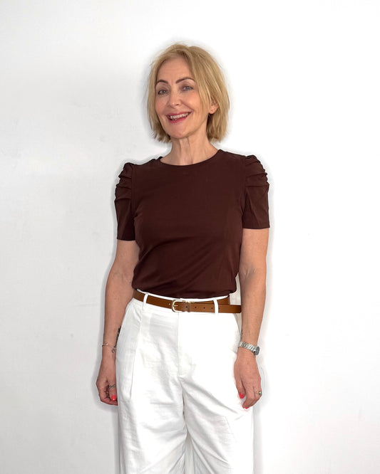 The Marnie Ruched Sleeve Cotton T-Shirt in Chocolate