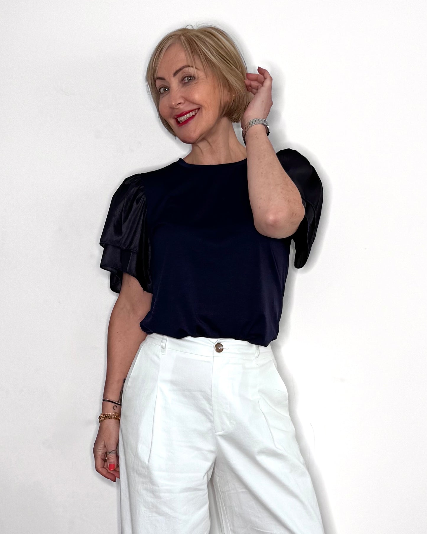 The Clover Flutter Sleeve Tee in Navy