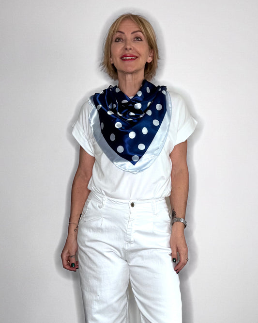 Spotted Satin Square Scarf in Navy
