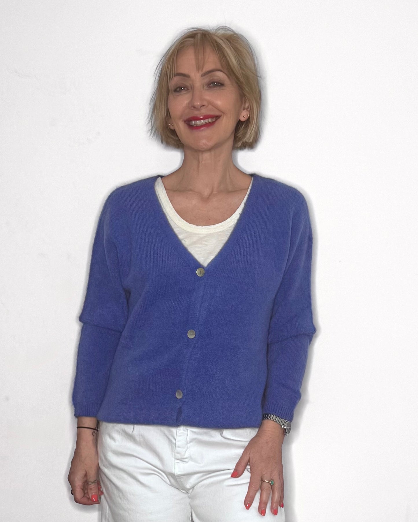 The Mimi V-Neck Cardigan in Cornflower Blue