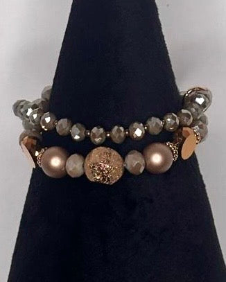 Twin Strand Crystal Stretch Bracelet in Taupe & Gold