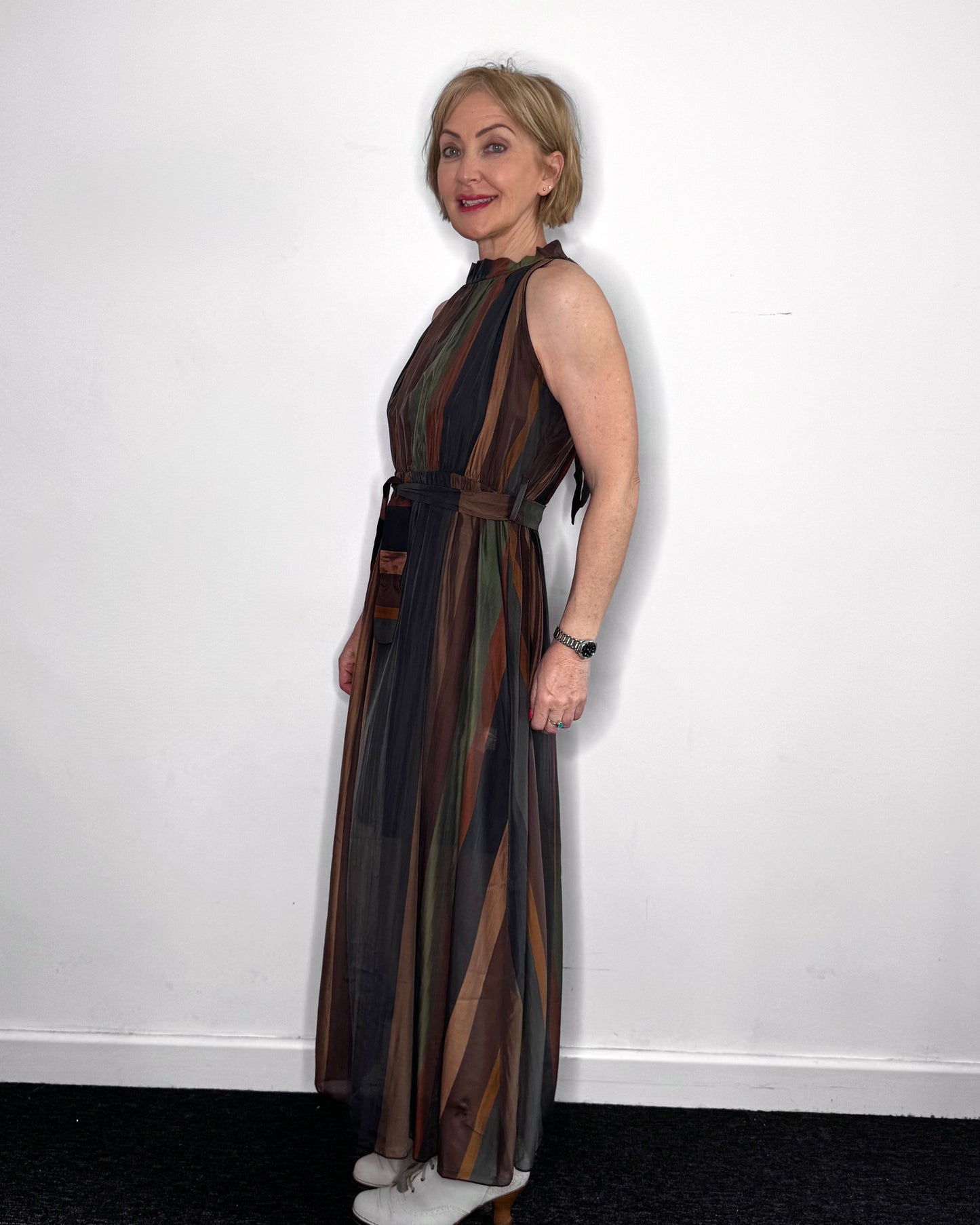 Taylor Sleeveless Striped Dress in Chocolate