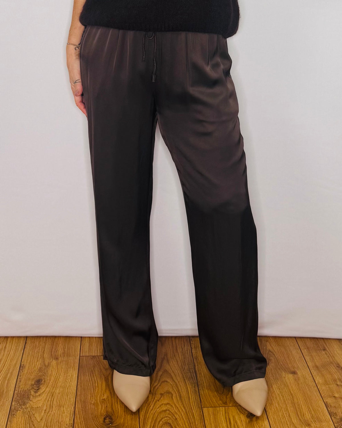 The Olivia Satin Trousers in Chocolate