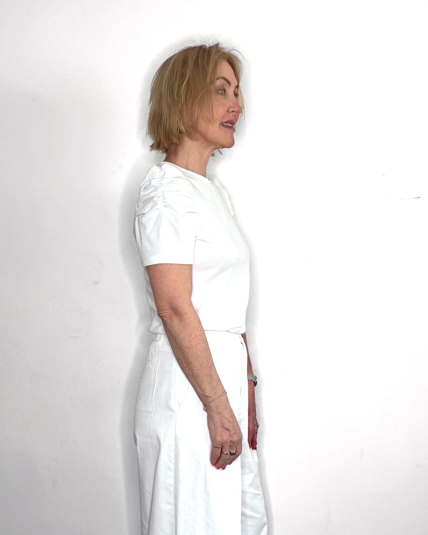 The Marnie Ruched Sleeve Cotton T-Shirt in White