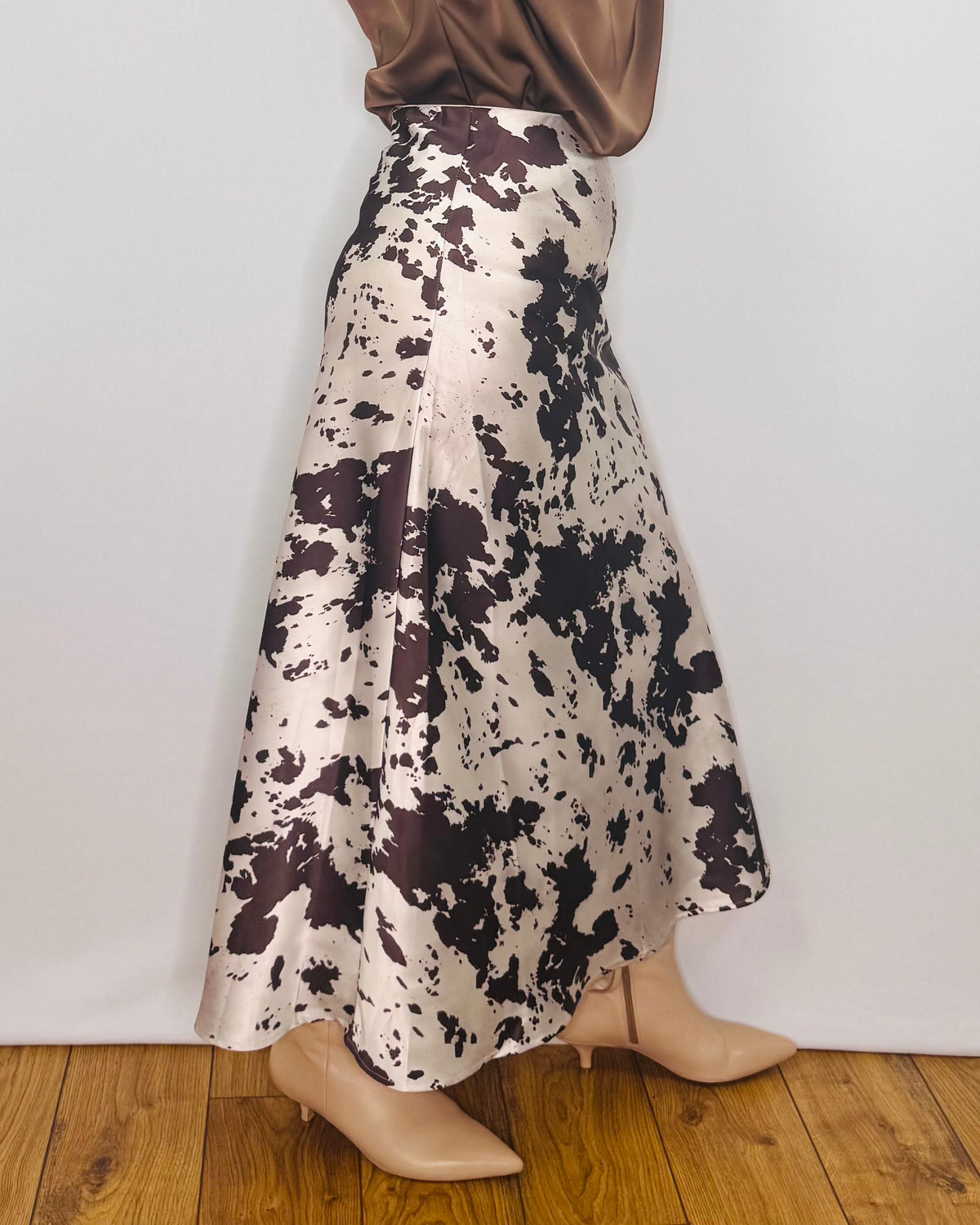 The Ella Satin Skirt in Cow Print