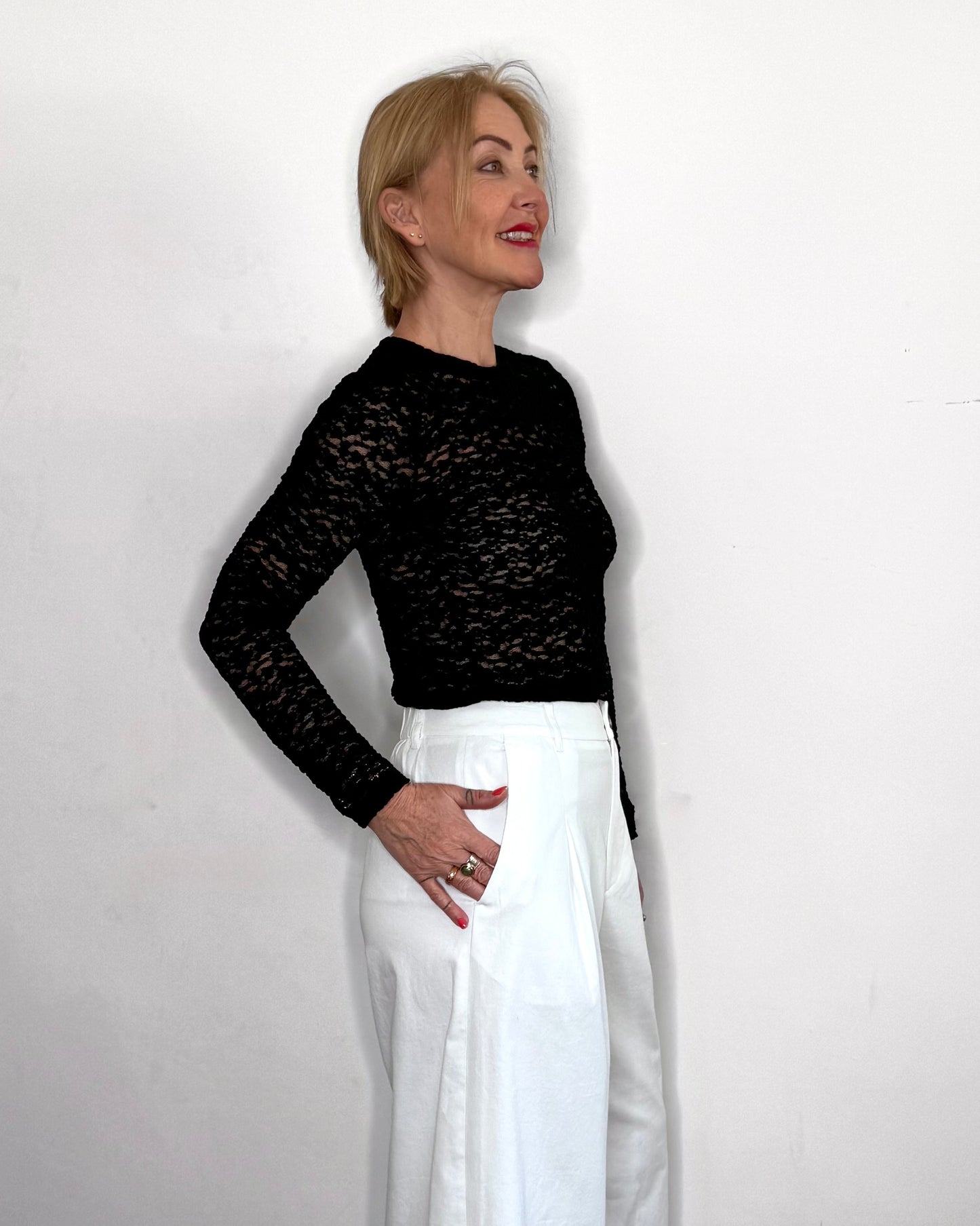 The Sofia Lace Long Sleeve Top in Black