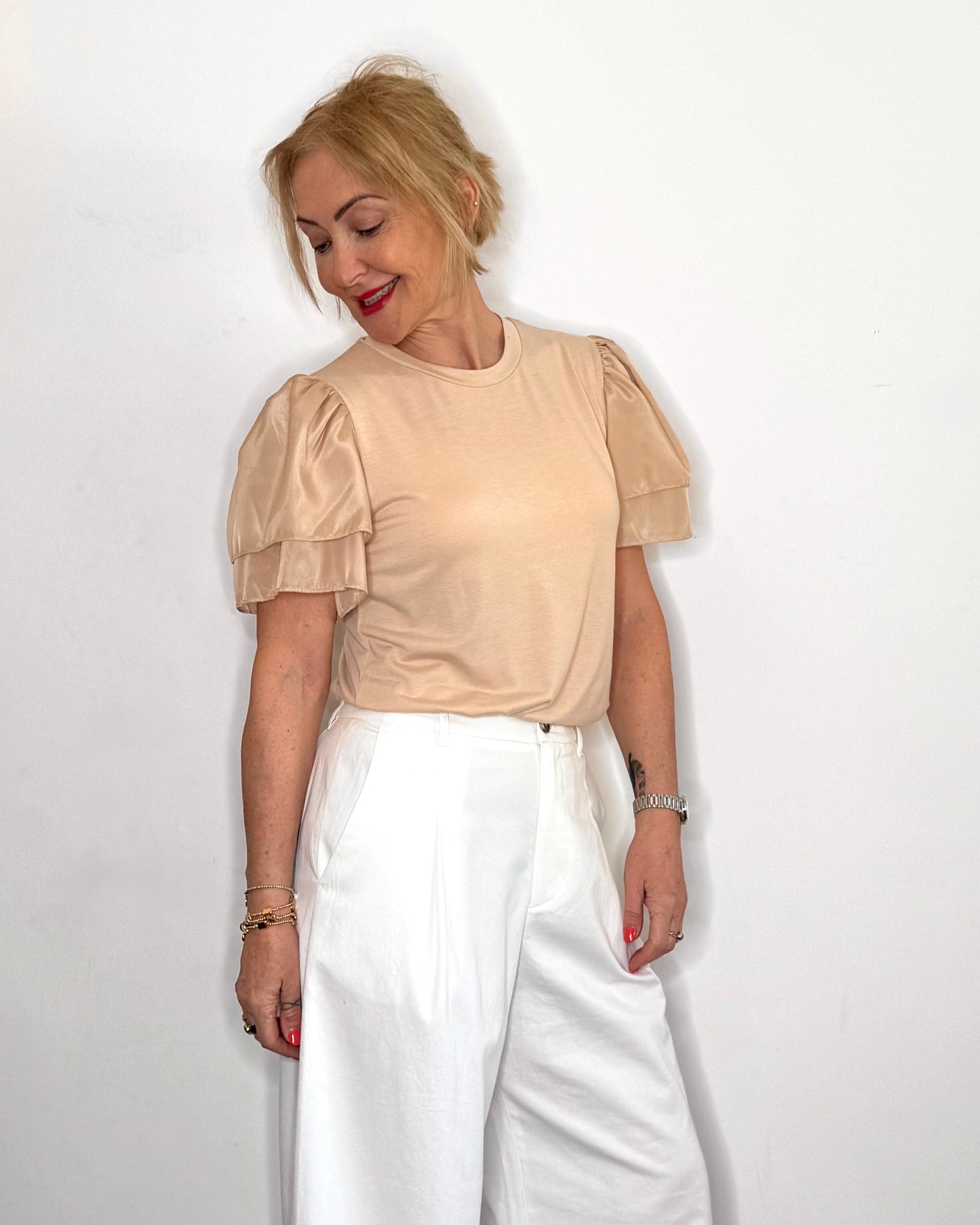 The Clover Flutter Sleeve Tee in Sand