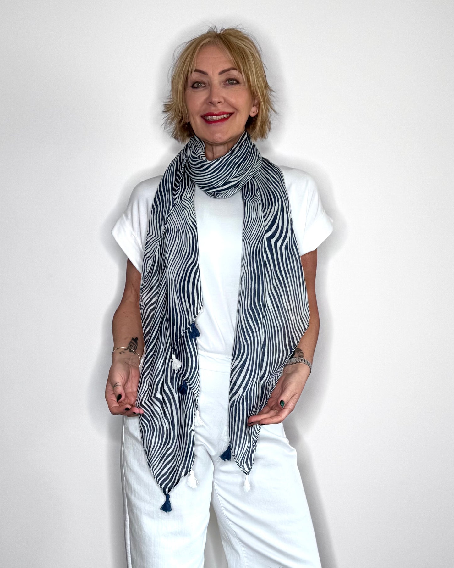 Navy Zebra Print Tassel Scarf
