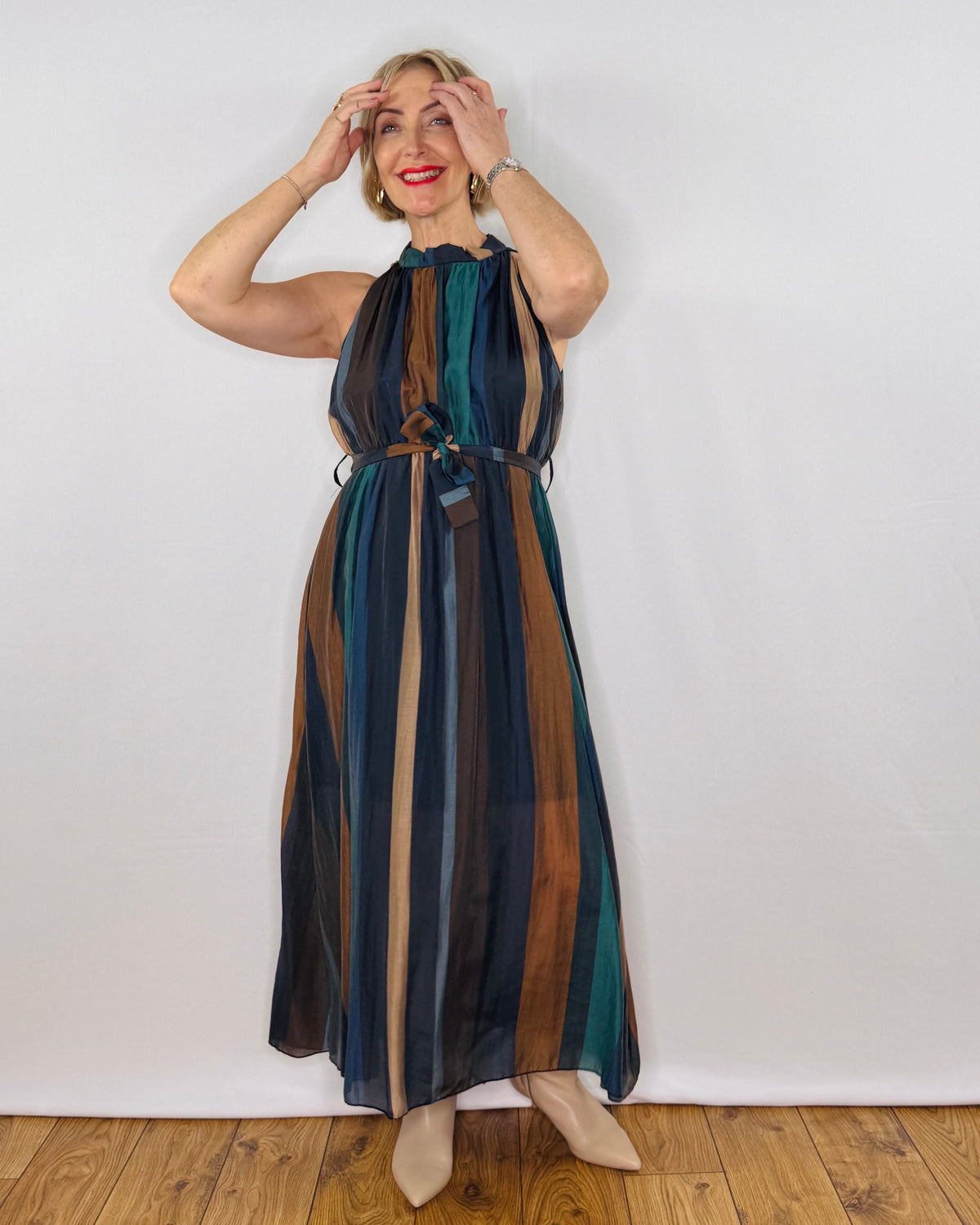 The Taylor Sleeveless Striped Dress in Teal