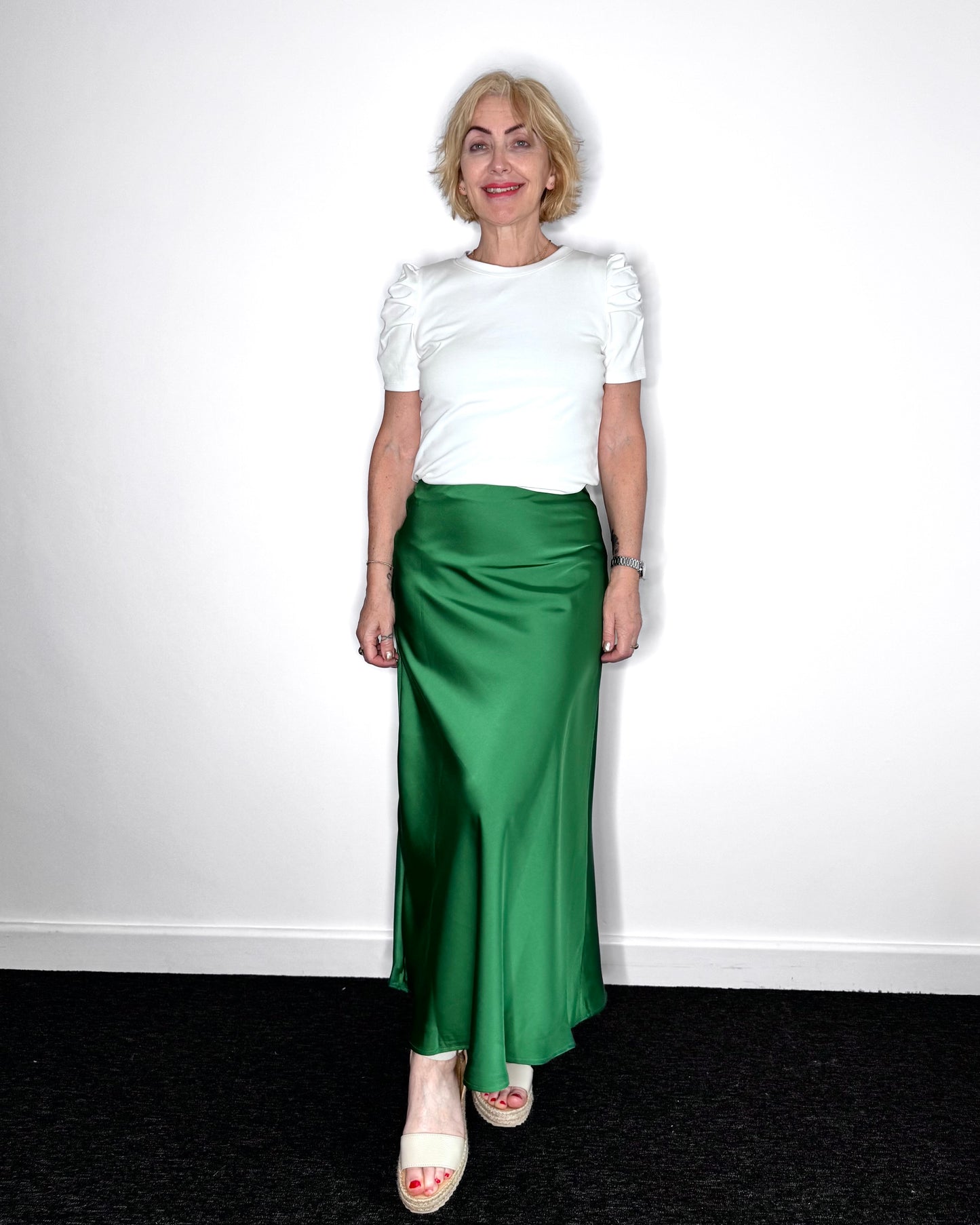 The Ella Satin Skirt in Emerald Green