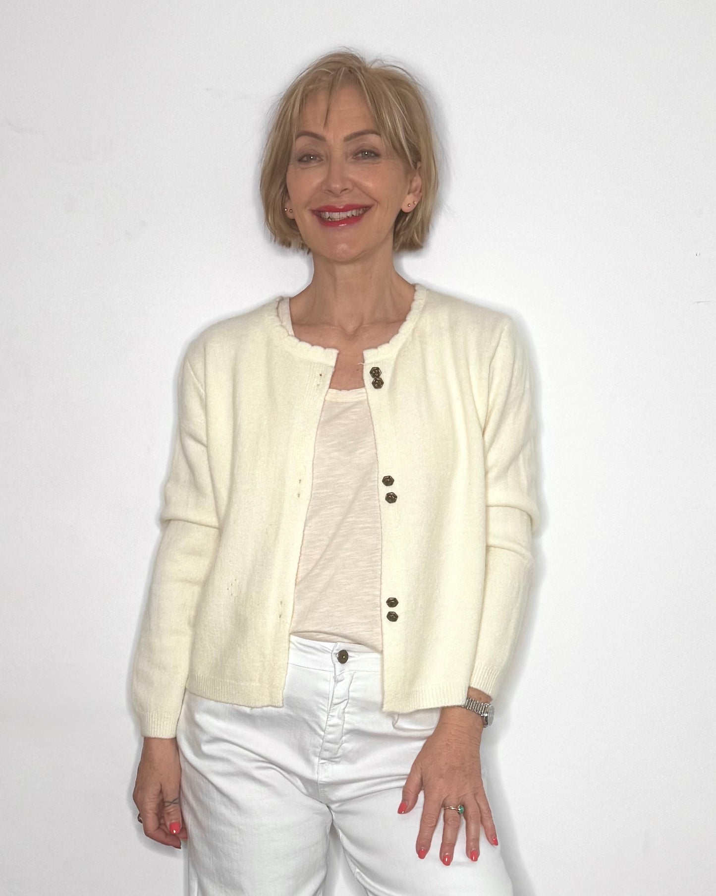 The Sasha Crew-Neck Cardigan in Cream