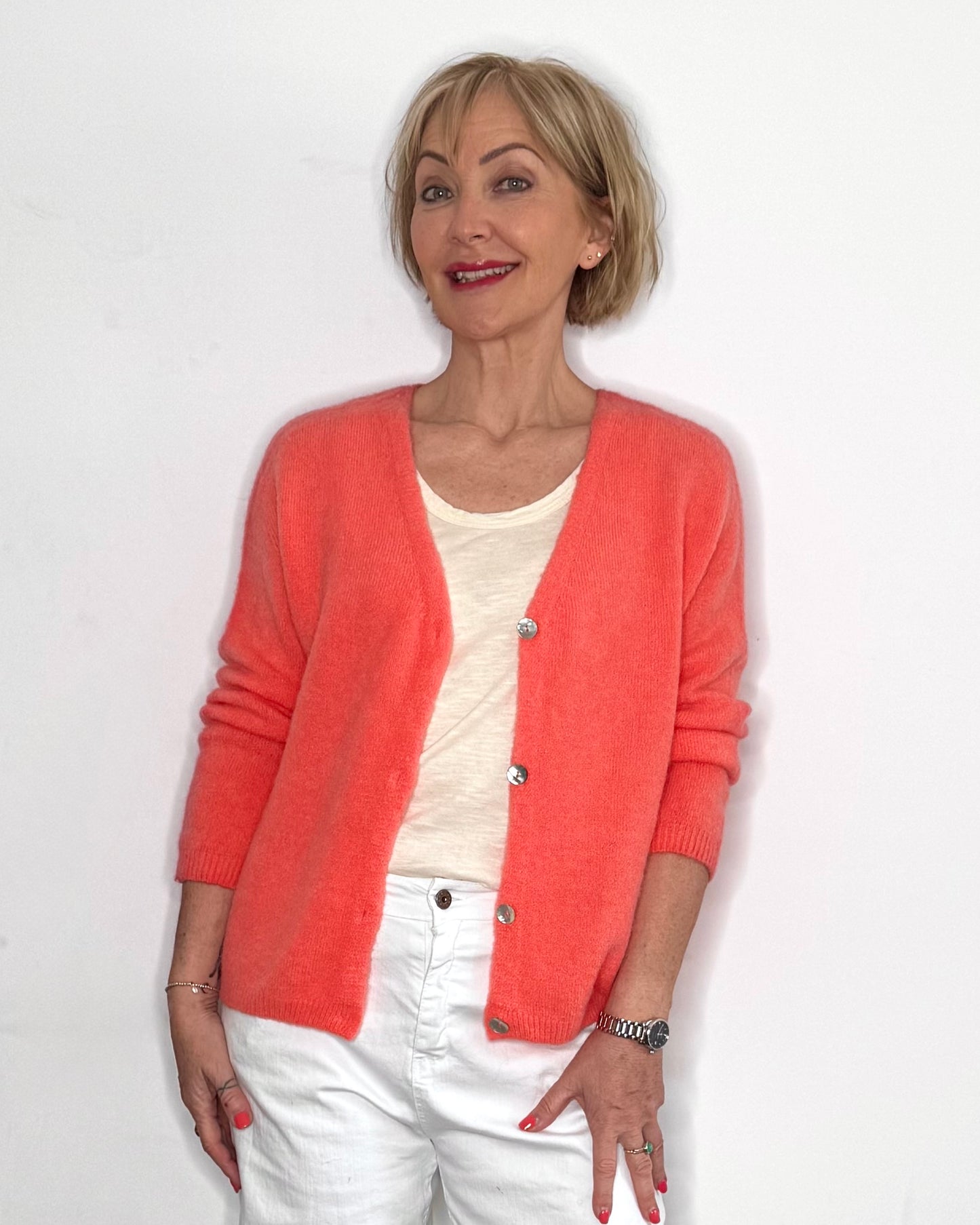 The Mimi V-Neck Cardigan in Coral