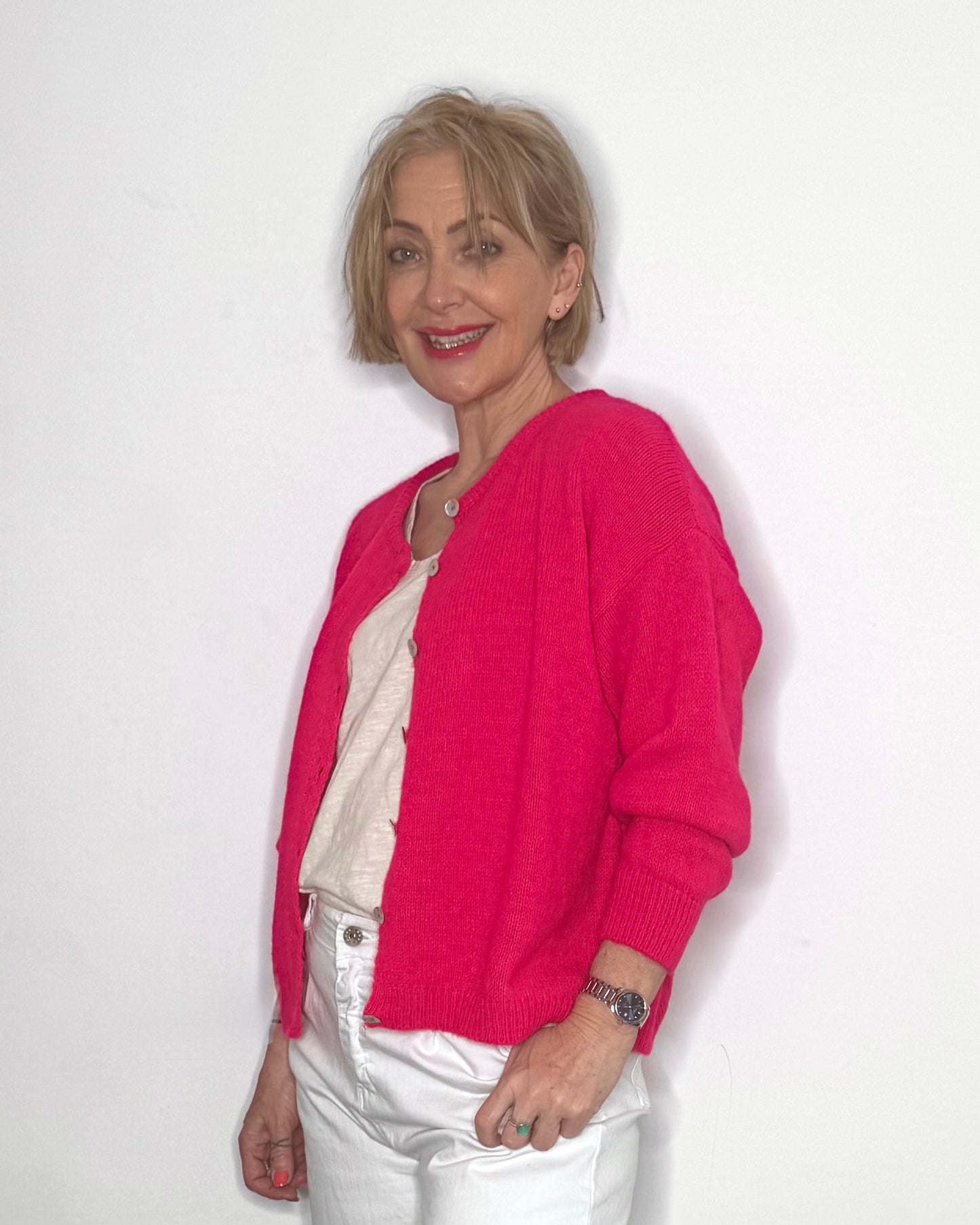 The Eliette Crew-Neck Cardigan in Neon Pink