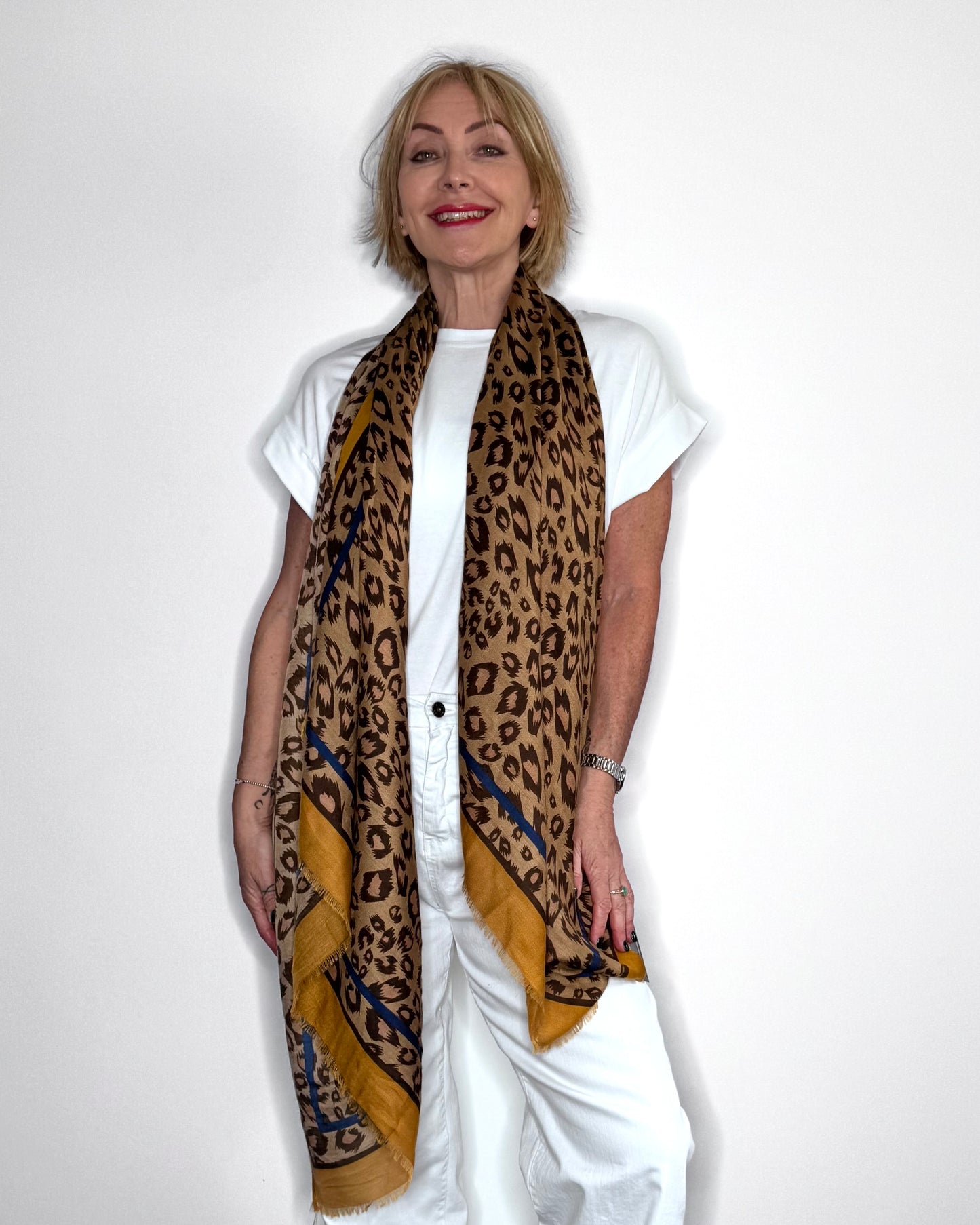 Leopard Print Border Scarf in Sand and Mustard