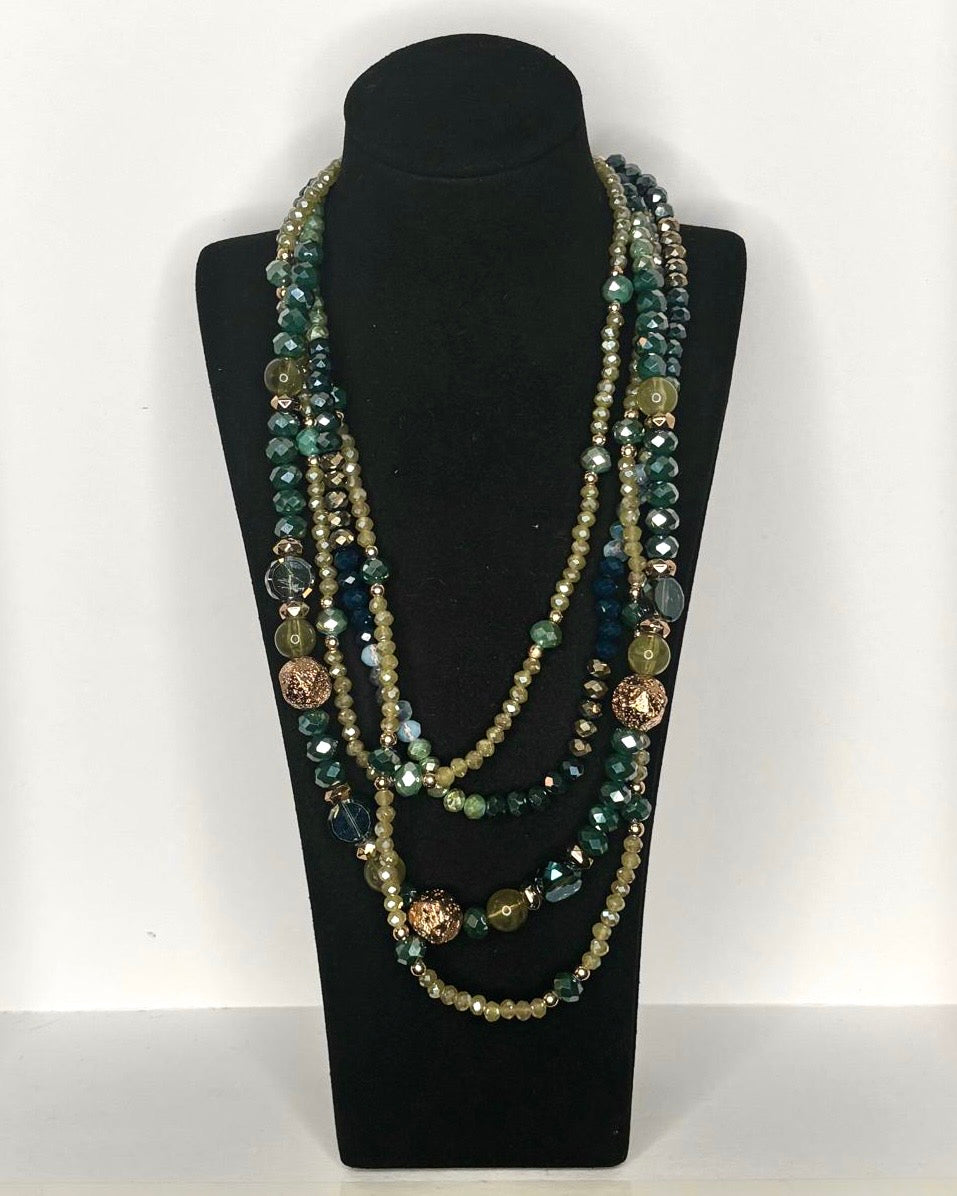 Multi-Strand Crystal Bead Statement Necklace in Teal & Gold