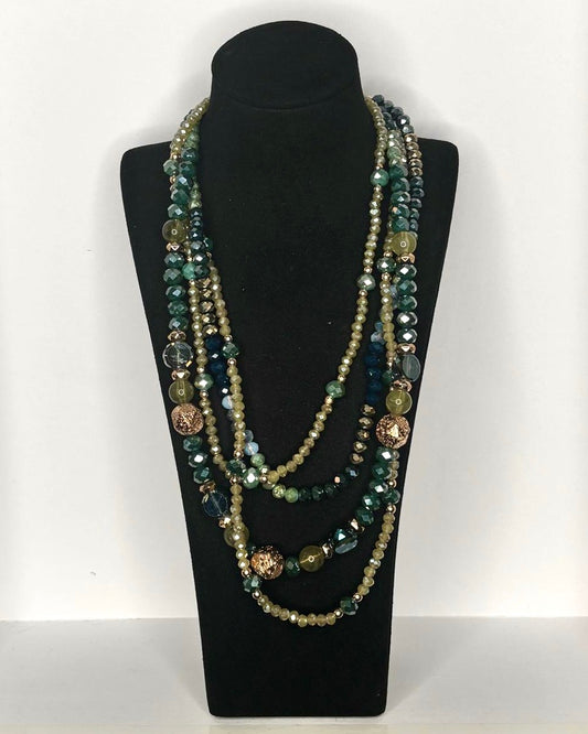 Multi-Strand Crystal Bead Statement Necklace in Teal & Gold