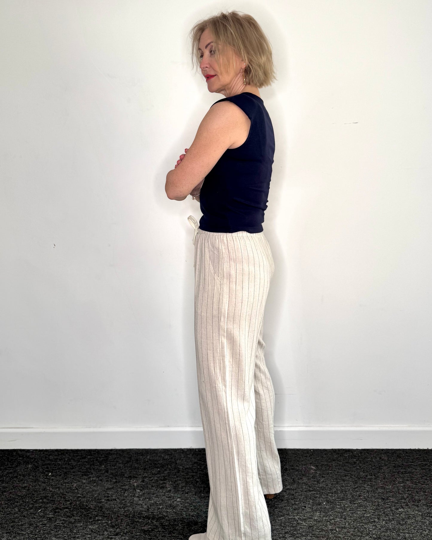 The Lola Pinstripe Linen Trousers in Ecru