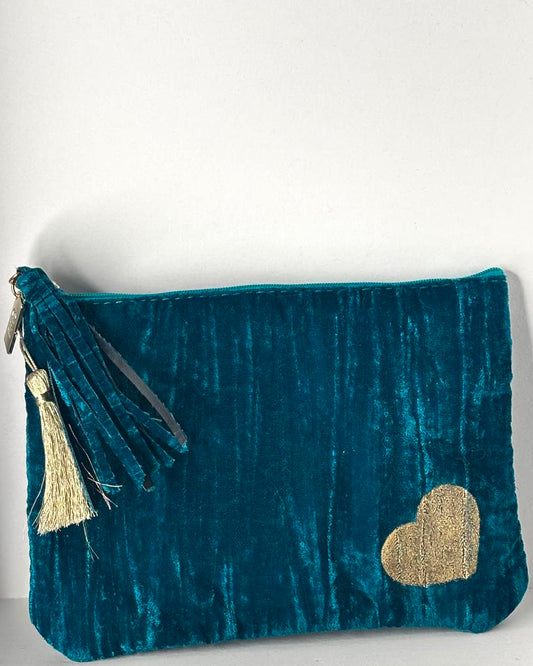 Teal Velvet Heart Clutch Bag