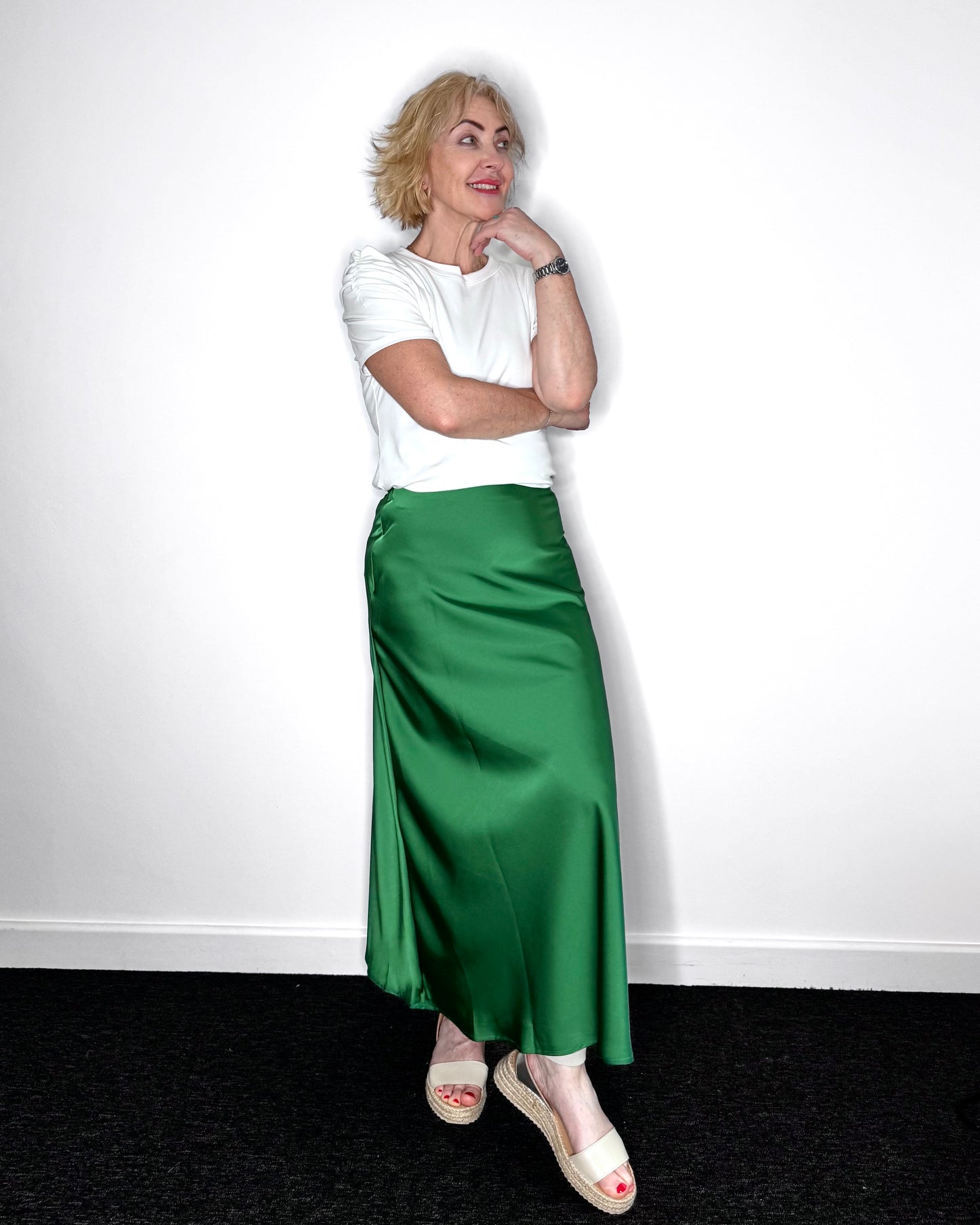 The Ella Satin Skirt in Emerald Green