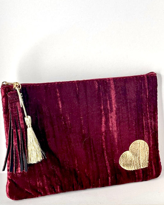 Burgundy Velvet Heart Clutch Bag