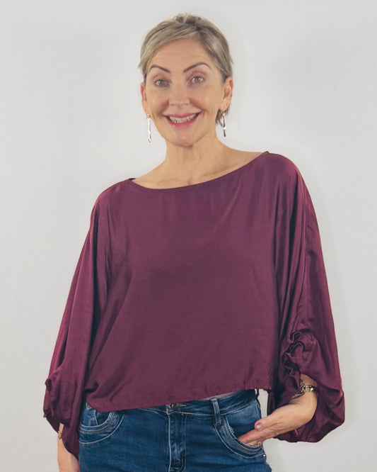 The Amy Satin Top in Burgundy