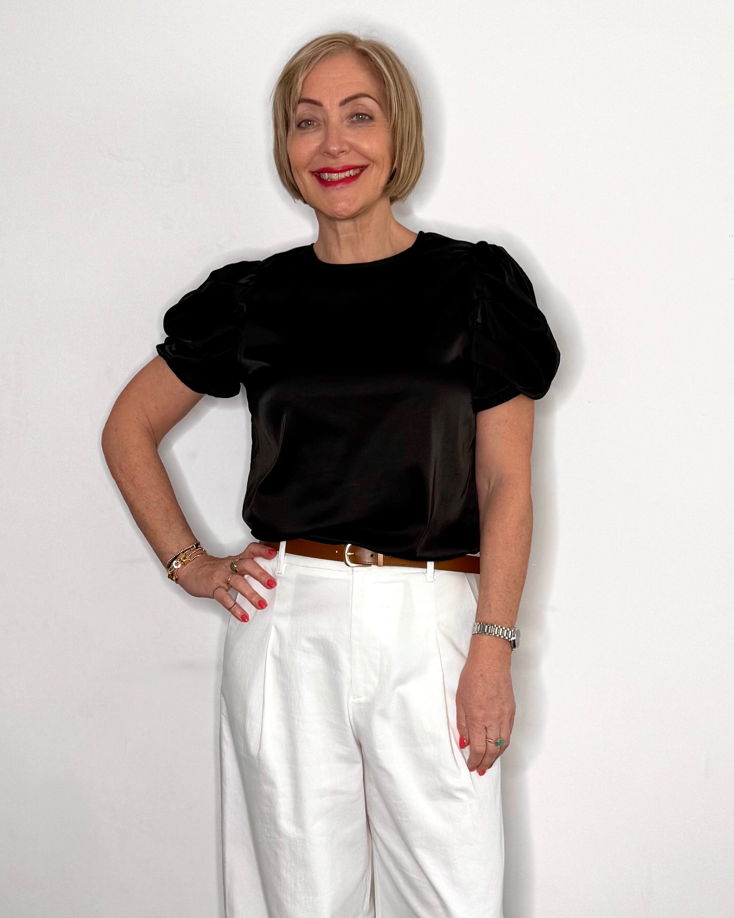 The Delphine Satin Tee in Black