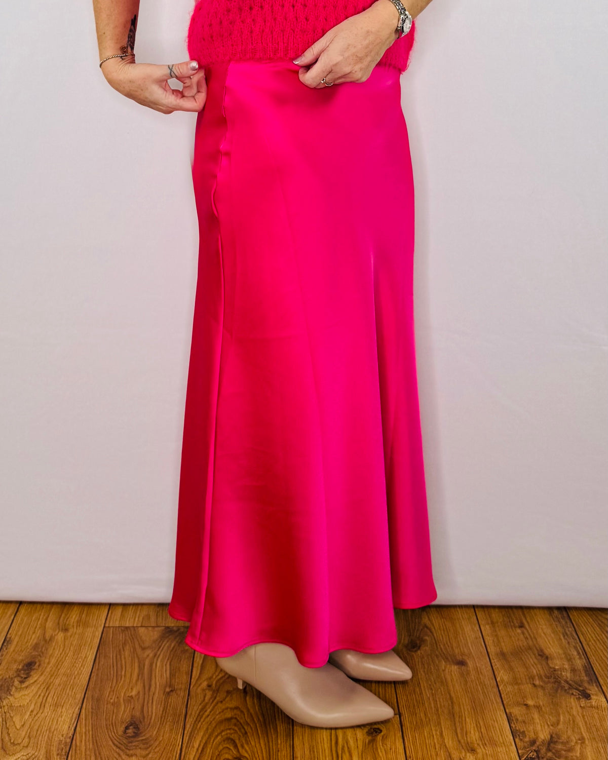 The Ella Satin Skirt in Hot Pink