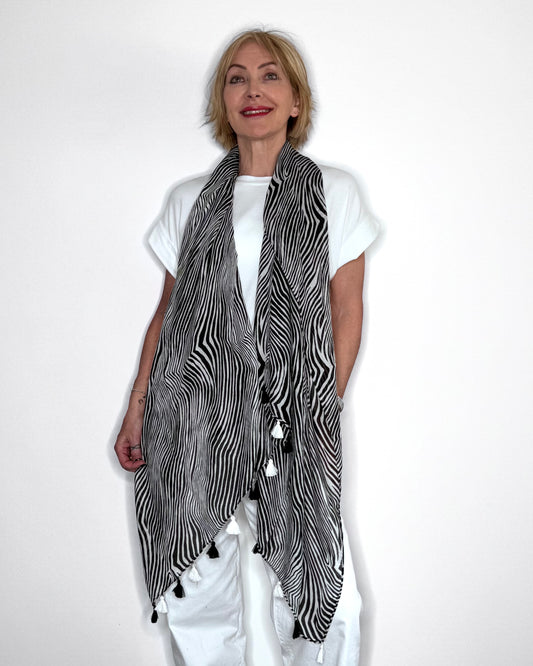 Black Zebra Print Tassel Scarf